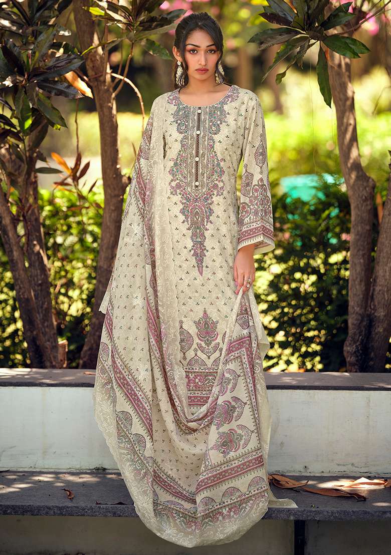 Cream Printed Cotton Kurta Set - Indya