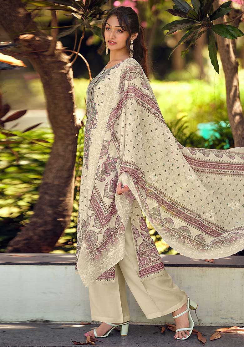 Cream Printed Cotton Kurta Set - Indya