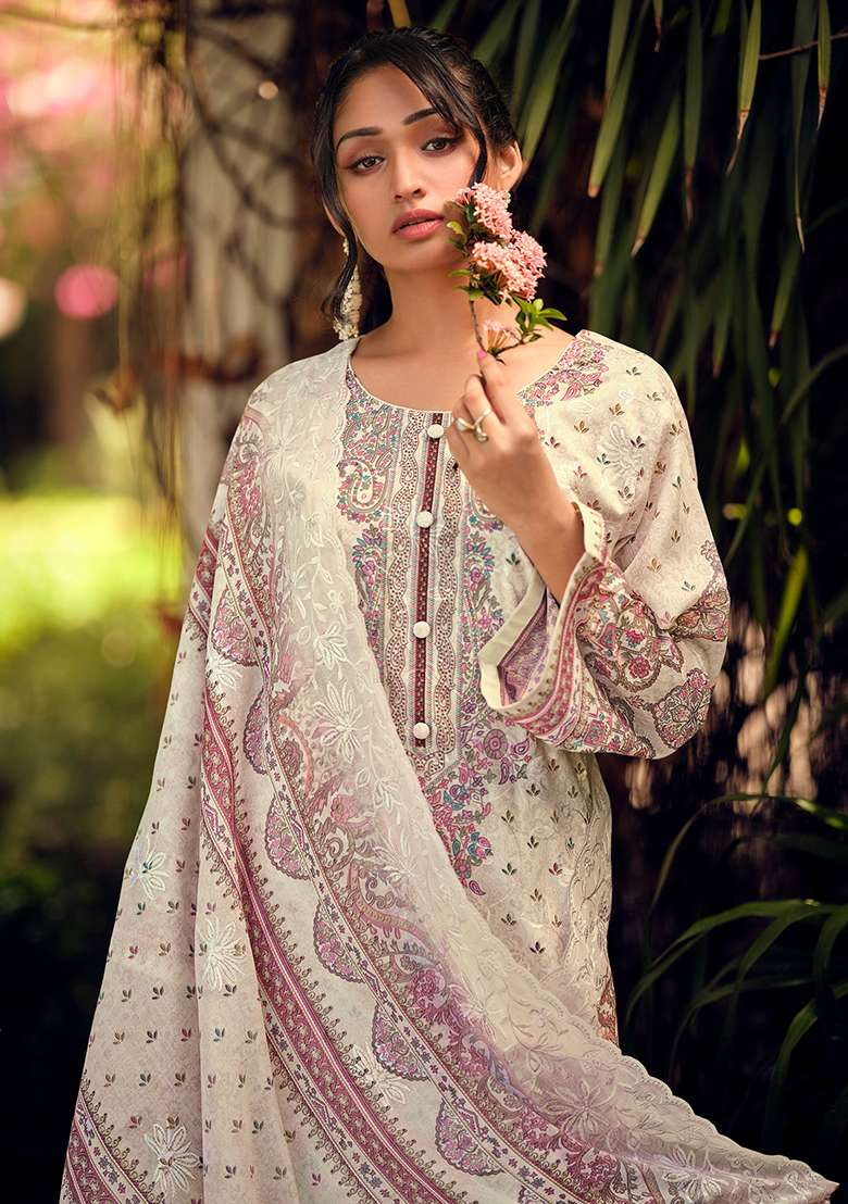 Cream Printed Cotton Kurta Set - Indya