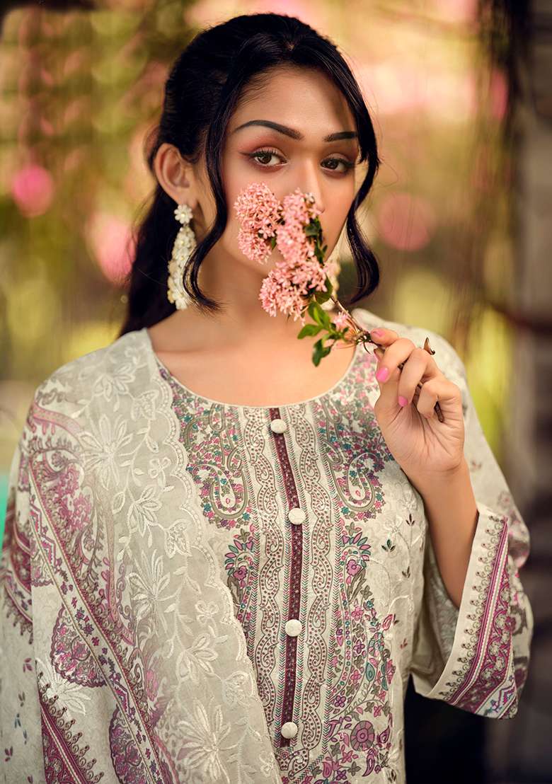 Cream Printed Cotton Kurta Set - Indya