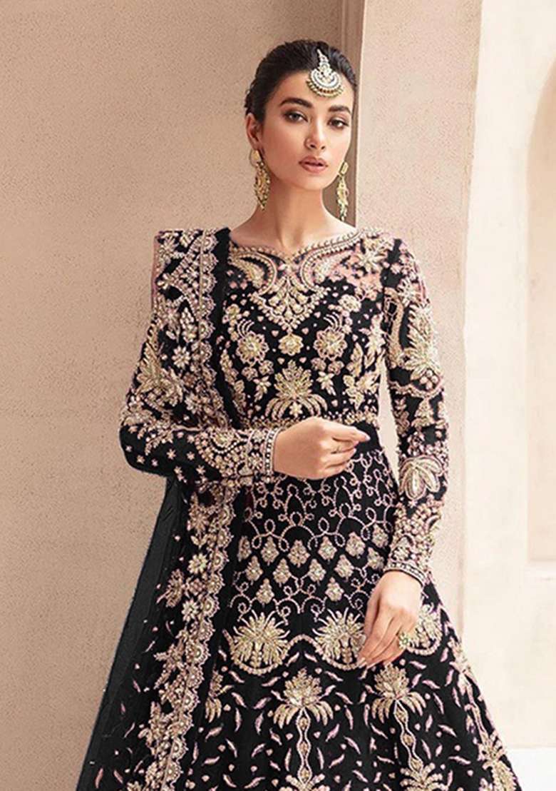 Black Embroidered Net Anarkali With Dupatta - Indya