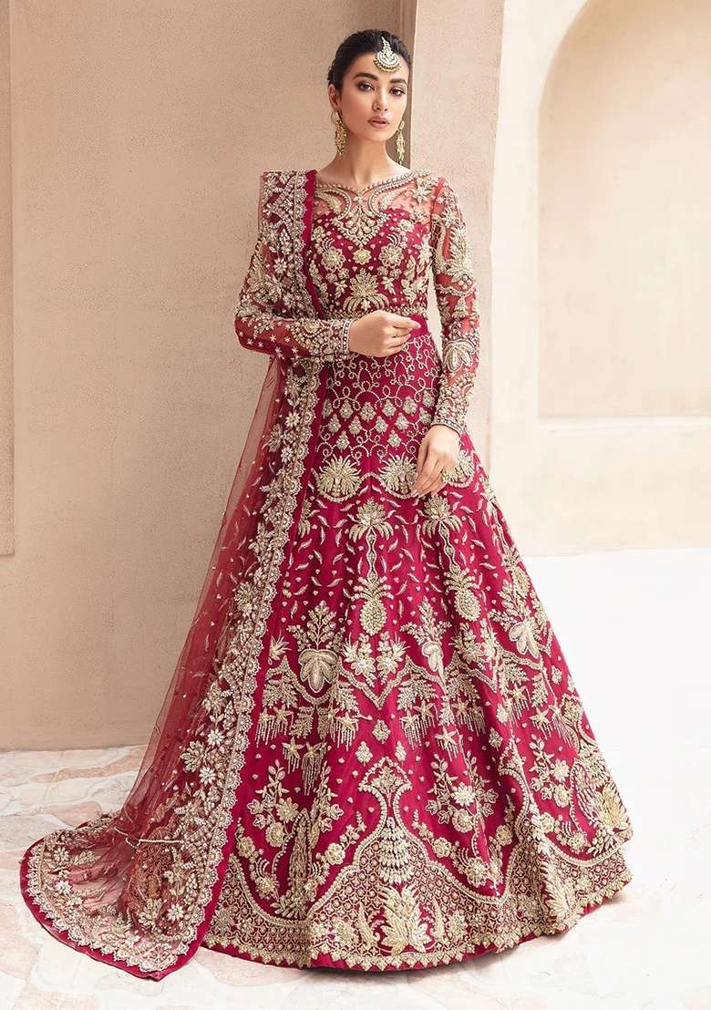 Maroon Embroidered Net Anarkali With Dupatta - Indya