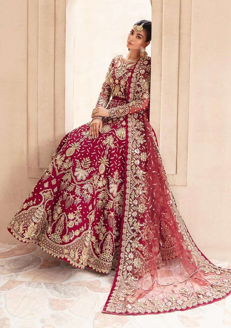 Maroon Embroidered Net Anarkali With Dupatta - Indya