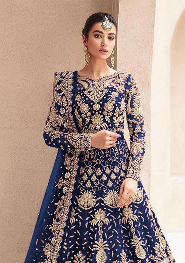 Navy Blue Embroidered Net Anarkali With Dupatta - Indya