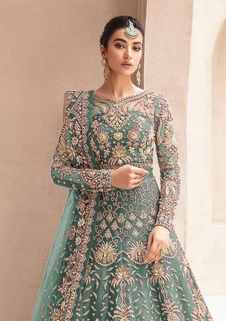 Sky Blue Embroidered Net Anarkali With Dupatta - Indya