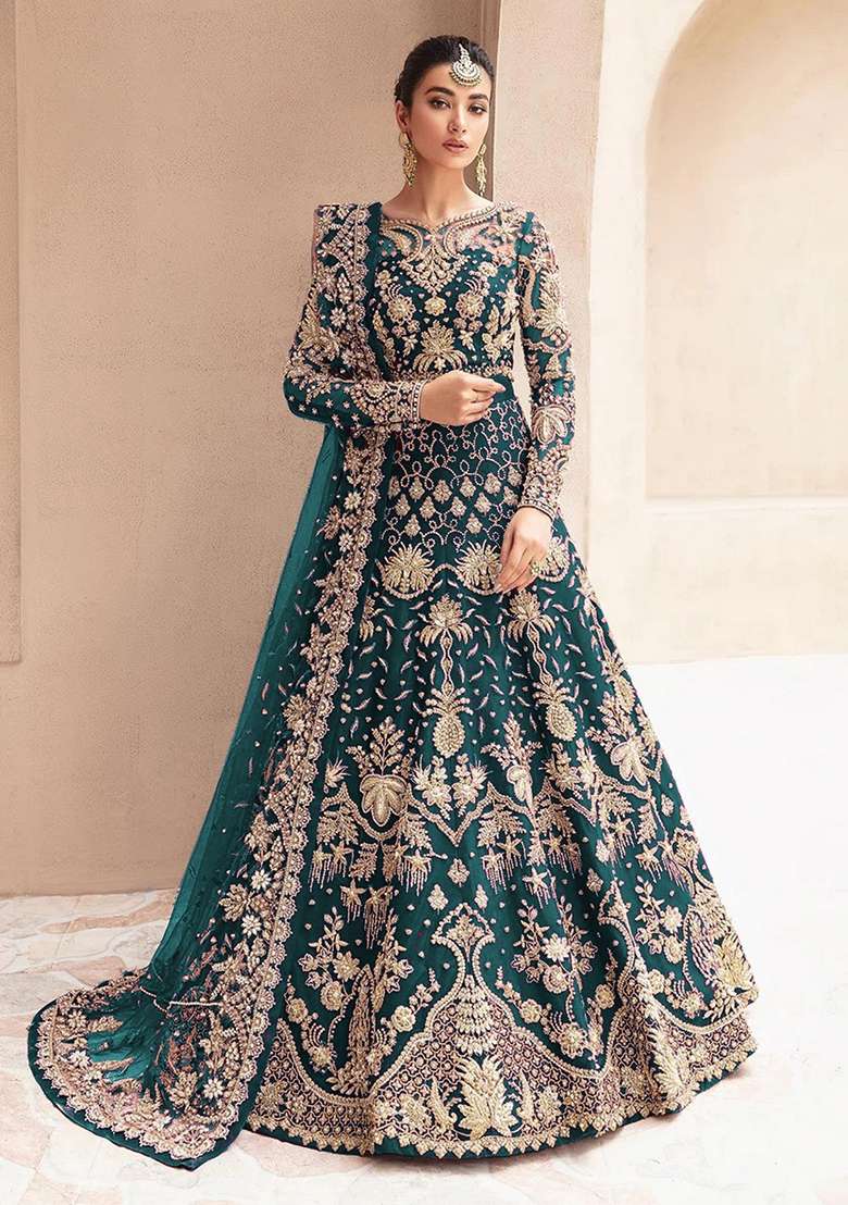 Teal Blue Embroidered Net Anarkali With Dupatta - Indya