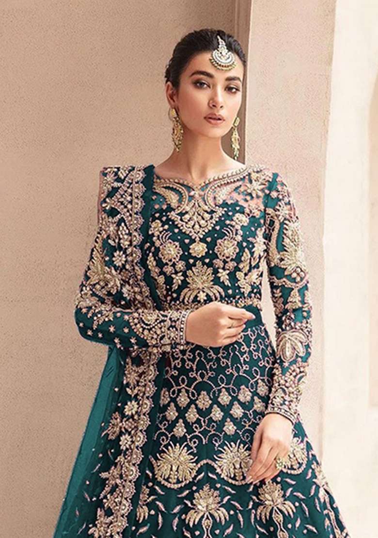 Teal Blue Embroidered Net Anarkali With Dupatta - Indya