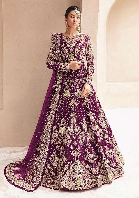 Wine Embroidered Net Anarkali With Dupatta