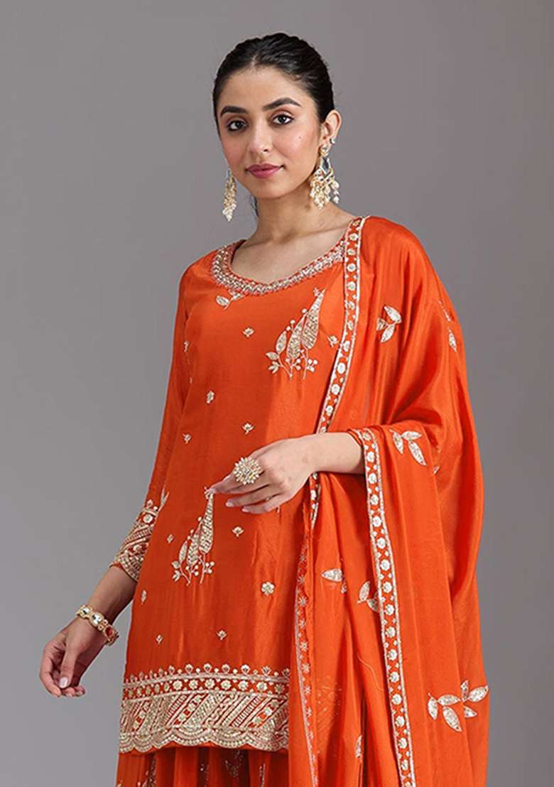 Orange Embroidered Silk Kurta Set - Indya