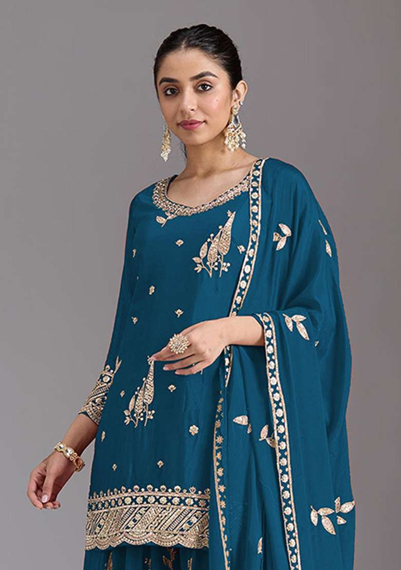 Teal Blue Embroidered Silk Kurta Set - Indya