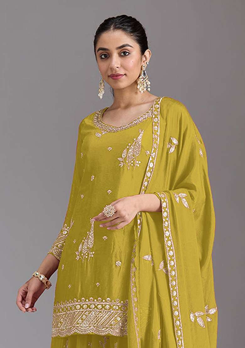 Mustard Embroidered Silk Kurta Set - Indya