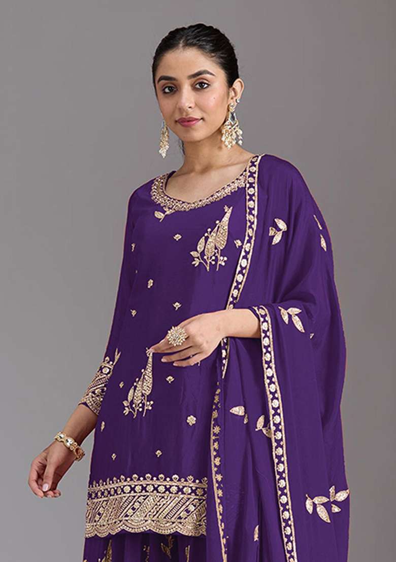 Violet Embroidered Shimmer Kurta Set - Indya