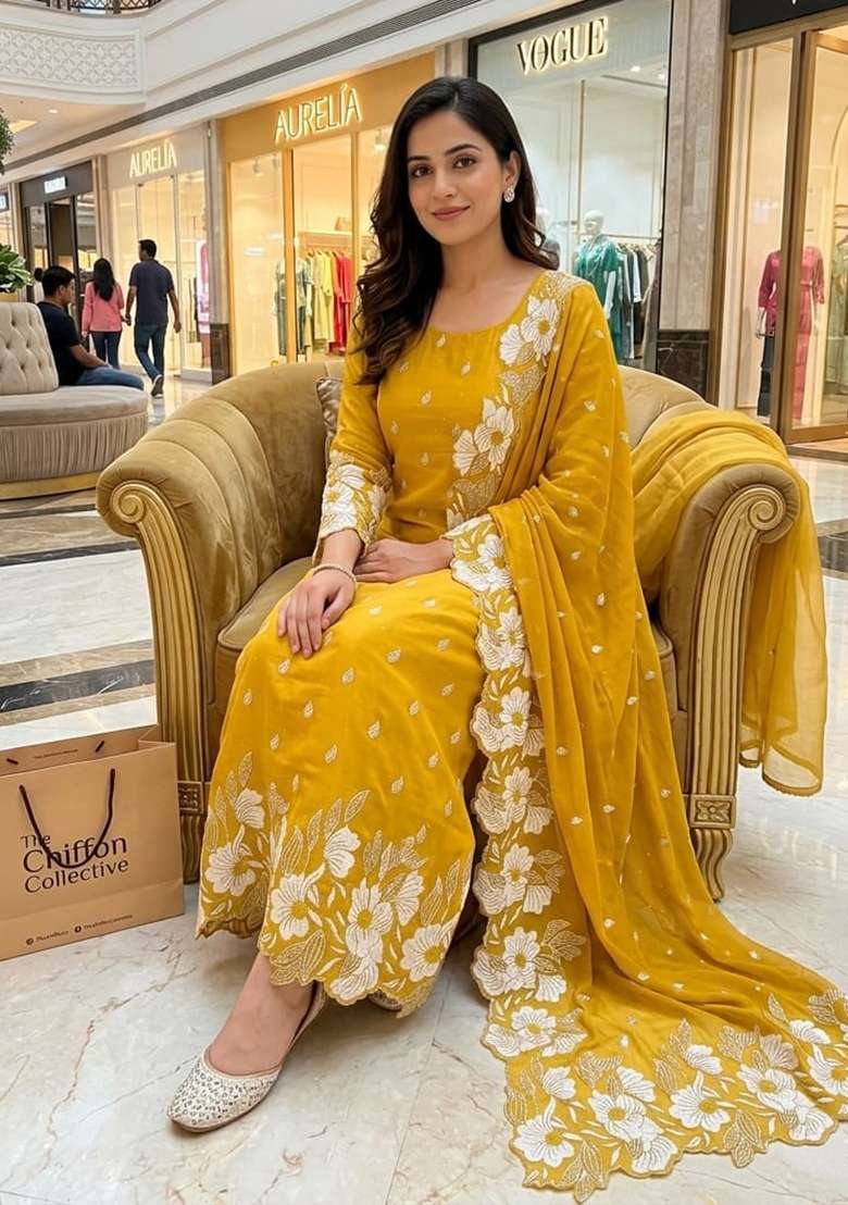 Mustard Embroidered Silk Kurta Set - Indya