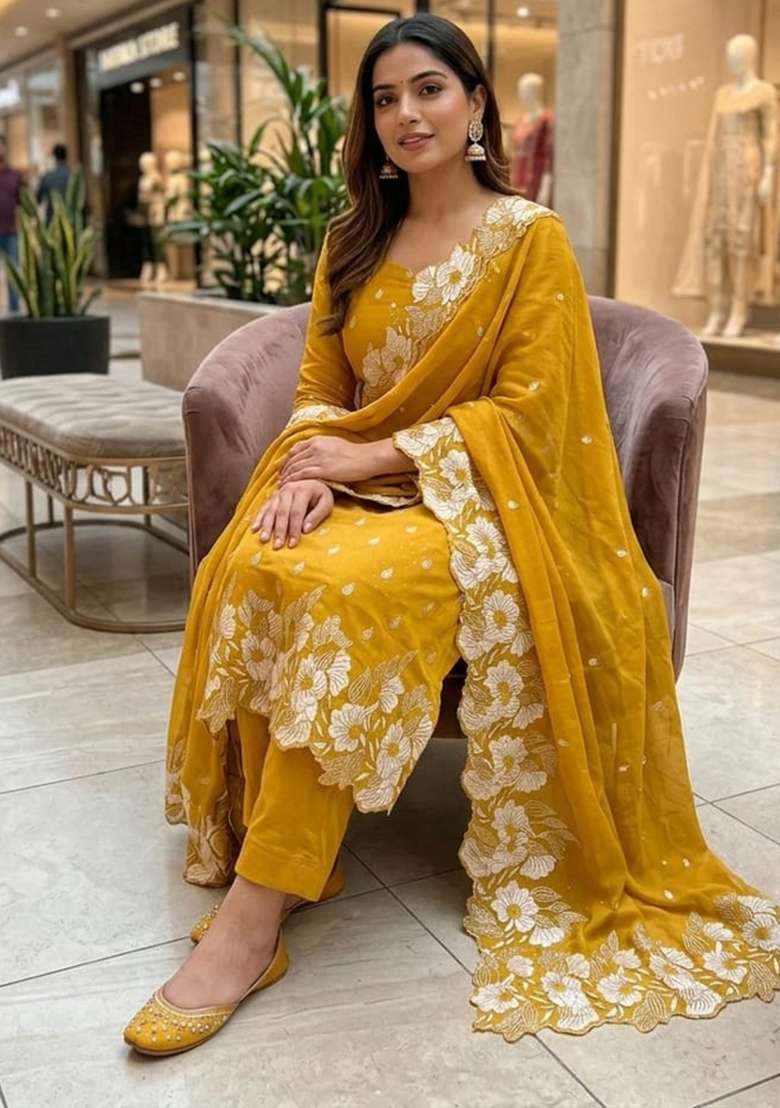 Mustard Embroidered Silk Kurta Set - Indya