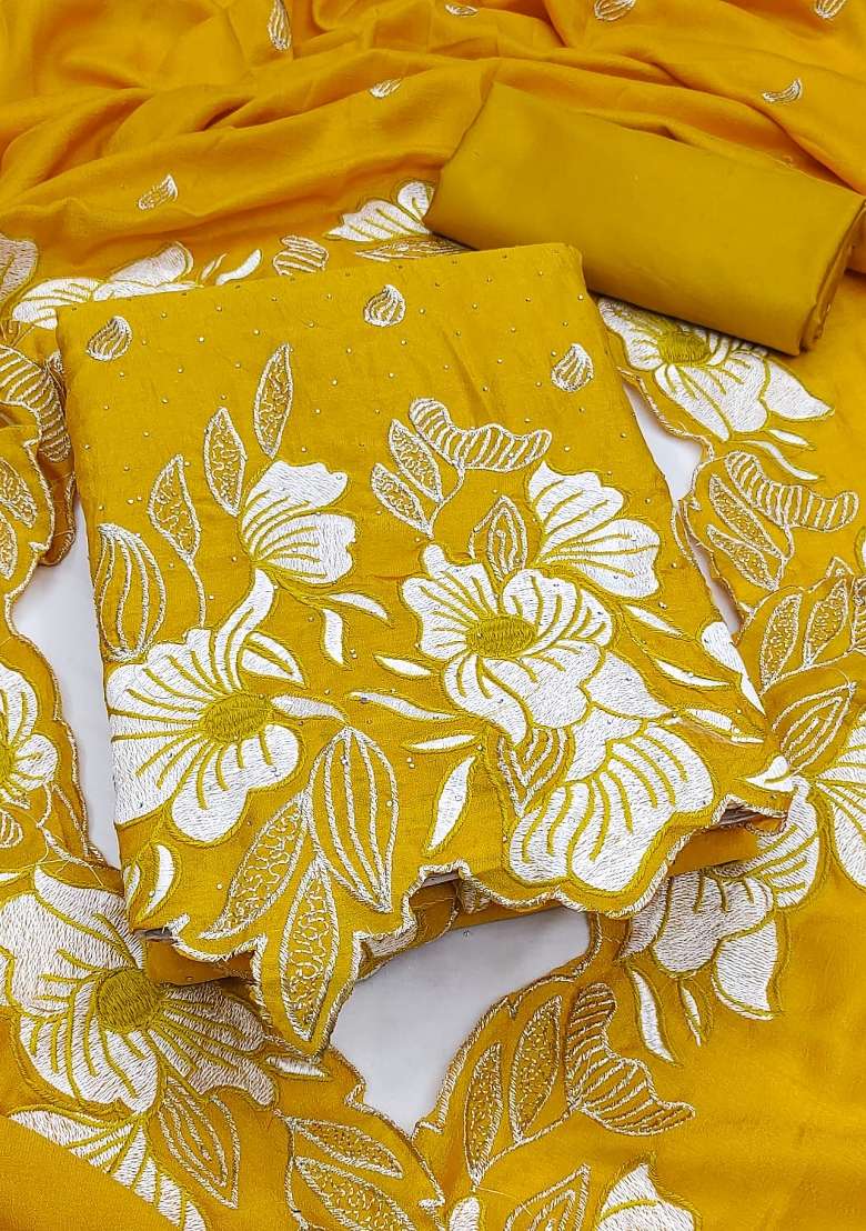 Mustard Embroidered Silk Kurta Set - Indya
