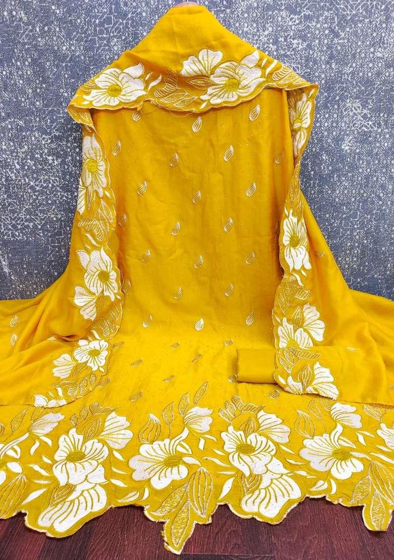 Mustard Embroidered Silk Kurta Set - Indya