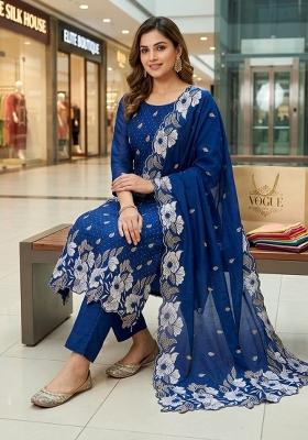 Navy Blue Embroidered Silk Kurta Set