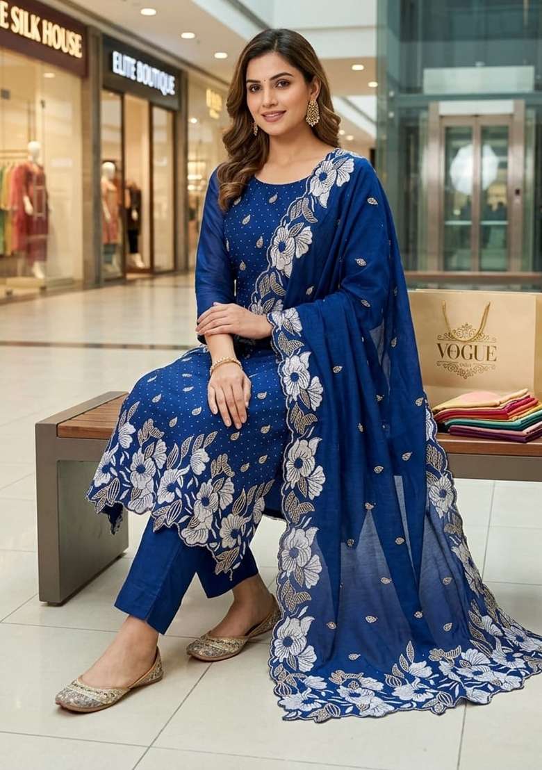 Navy Blue Embroidered Silk Kurta Set - Indya