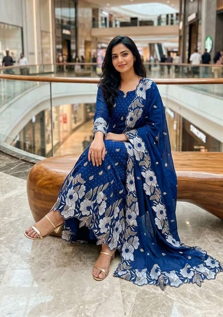 Navy Blue Embroidered Silk Kurta Set - Indya