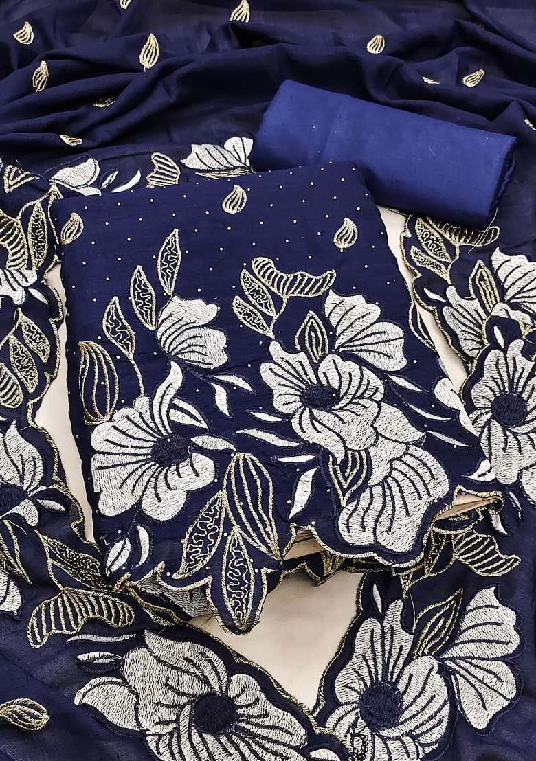 Navy Blue Embroidered Silk Kurta Set - Indya