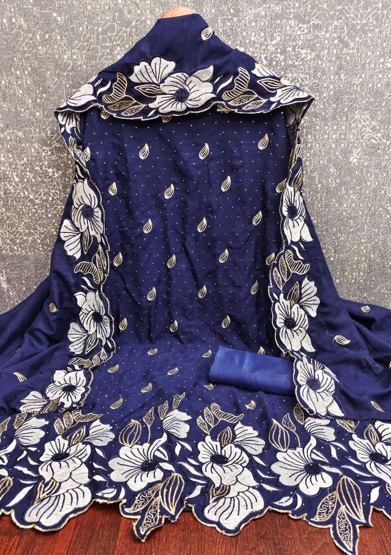 Navy Blue Embroidered Silk Kurta Set - Indya