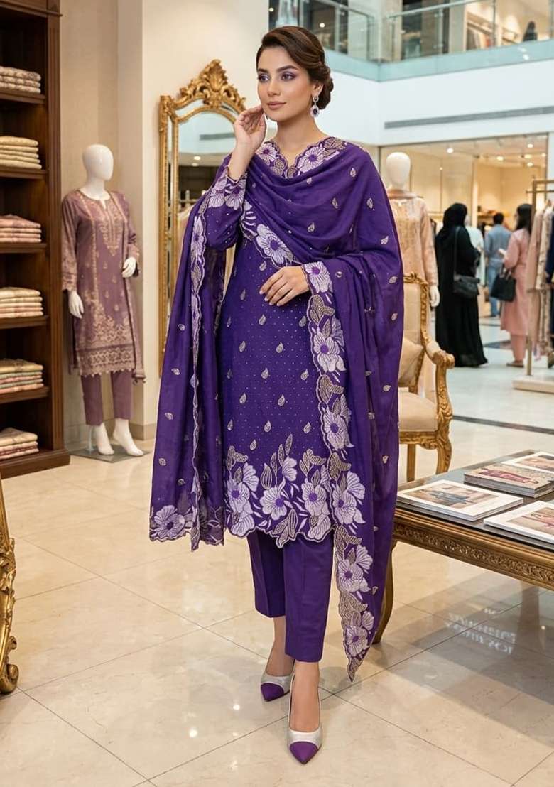 Purple Embroidered Silk Kurta Set - Indya