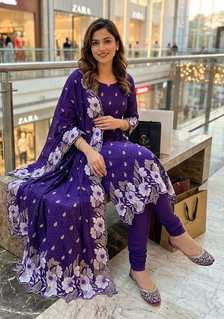 Purple Embroidered Silk Kurta Set - Indya