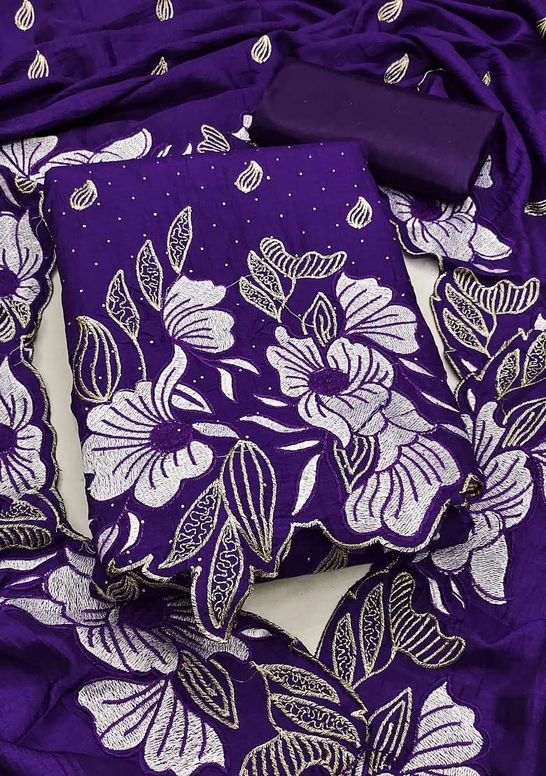Purple Embroidered Silk Kurta Set - Indya