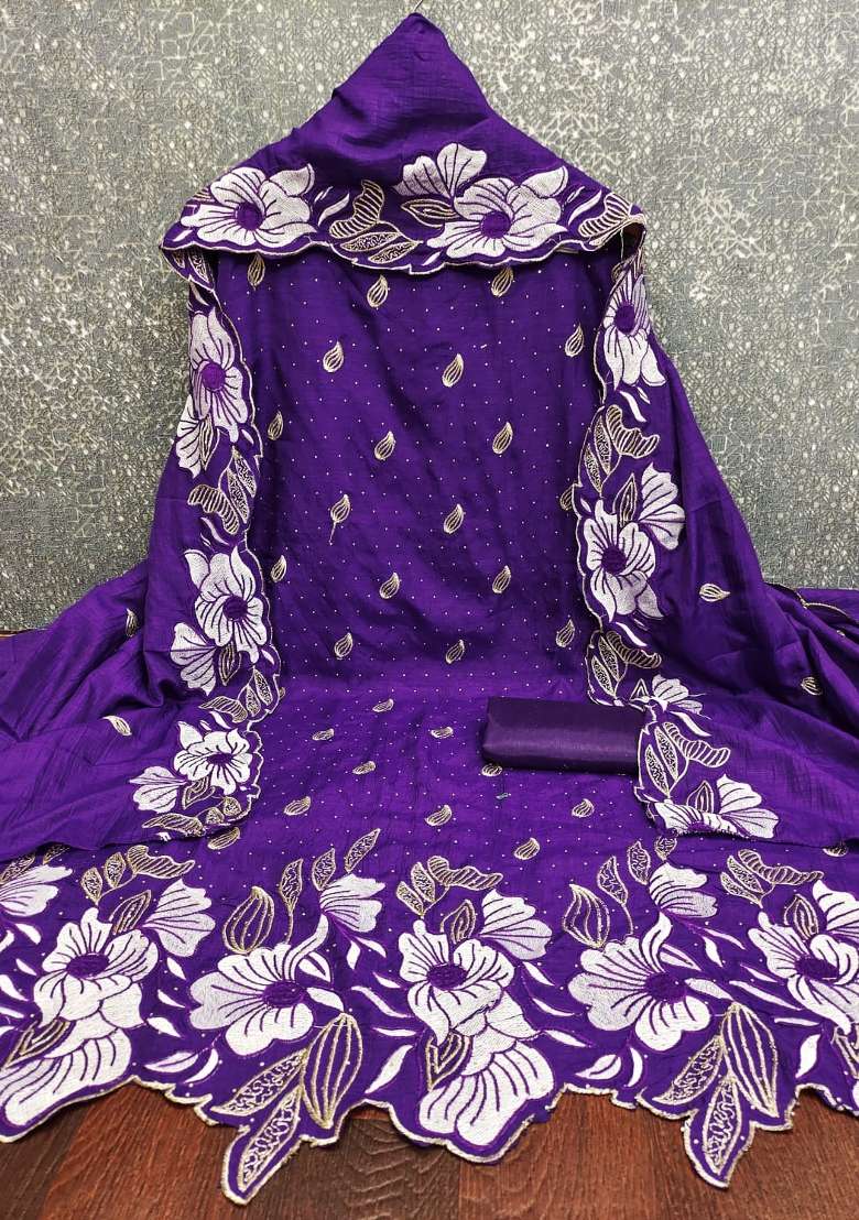 Purple Embroidered Silk Kurta Set - Indya
