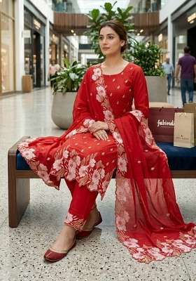 Rust Embroidered Silk Kurta Set