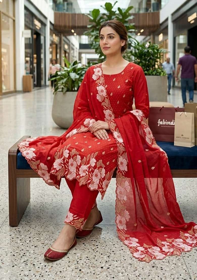 Rust Embroidered Silk Kurta Set - Indya