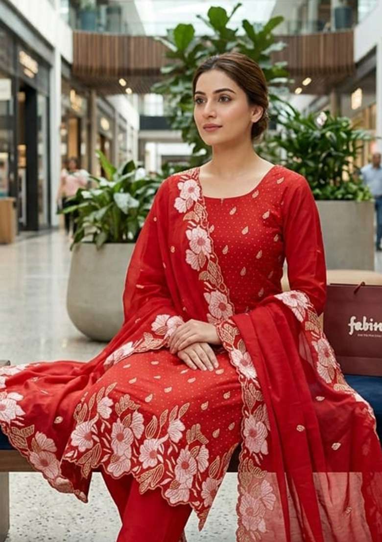 Rust Embroidered Silk Kurta Set - Indya