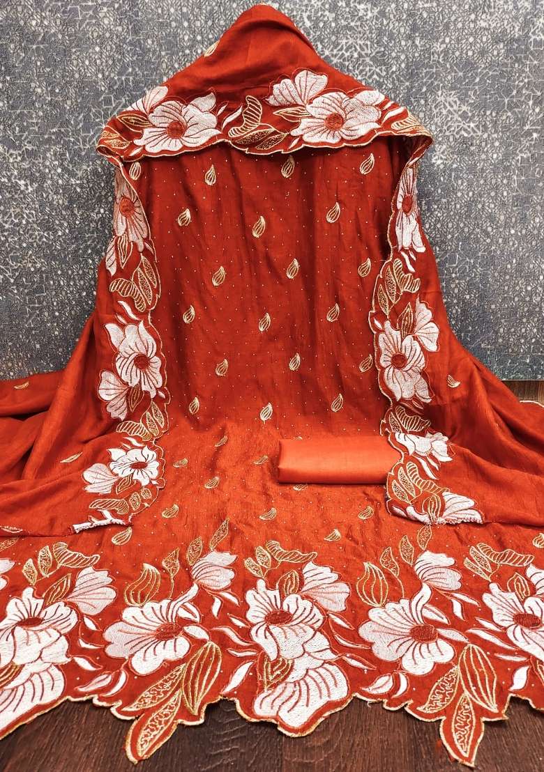 Rust Embroidered Silk Kurta Set - Indya