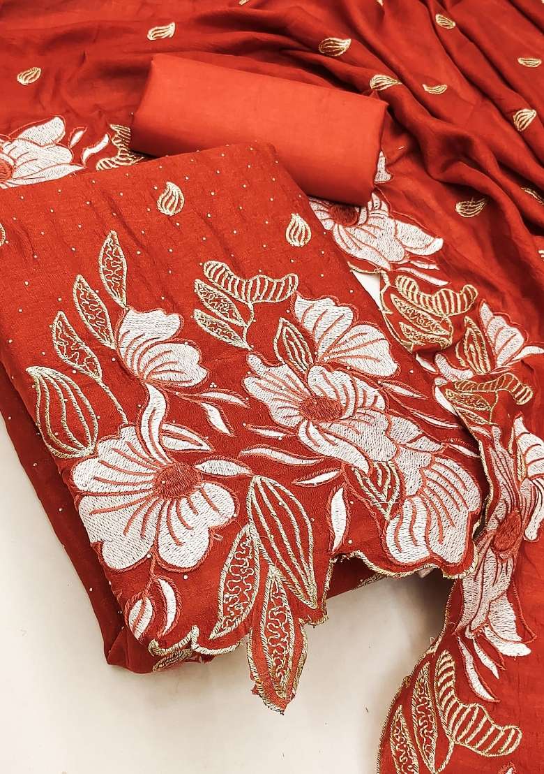 Rust Embroidered Silk Kurta Set - Indya