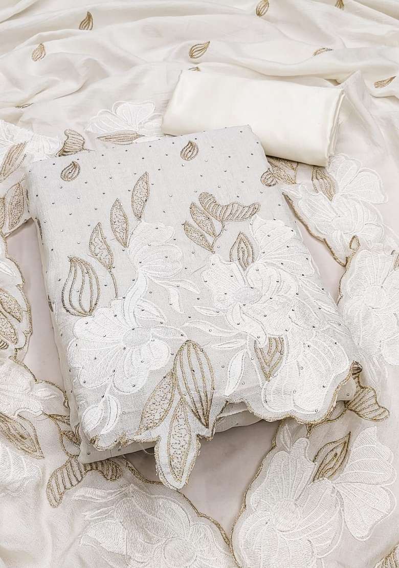 White Embroidered Silk Kurta Set - Indya