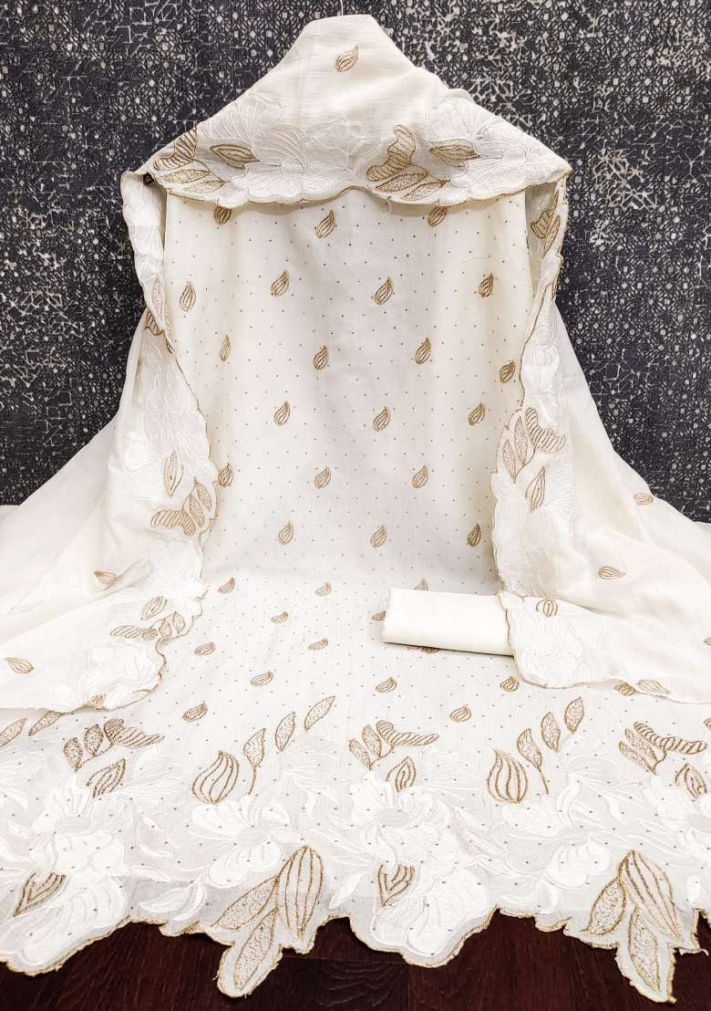 White Embroidered Silk Kurta Set - Indya