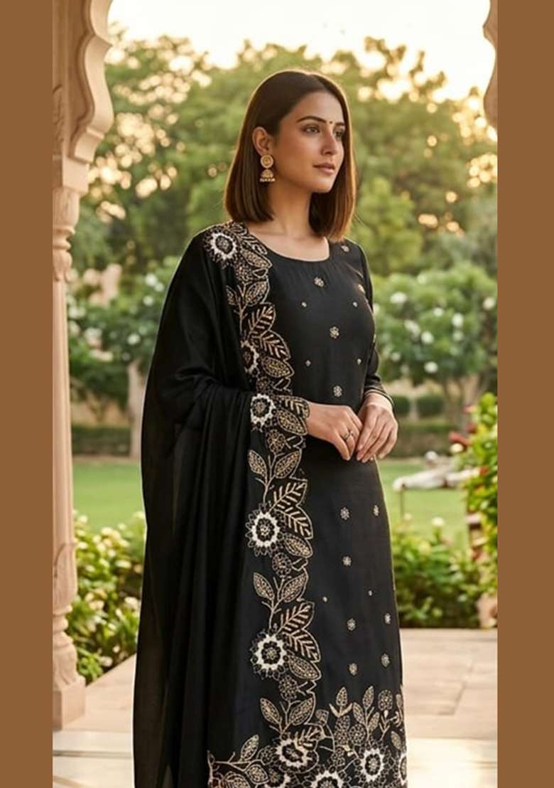 Black Embroidered Silk Kurta Set - Indya