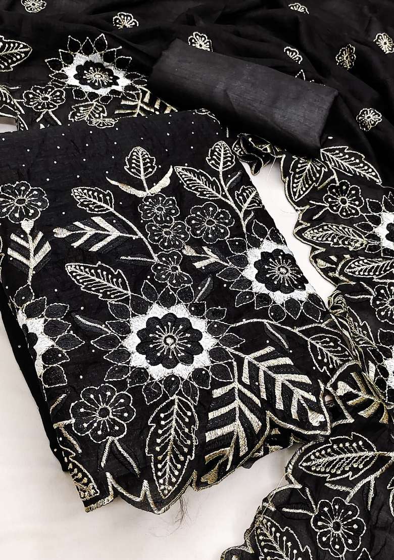 Black Embroidered Silk Kurta Set - Indya