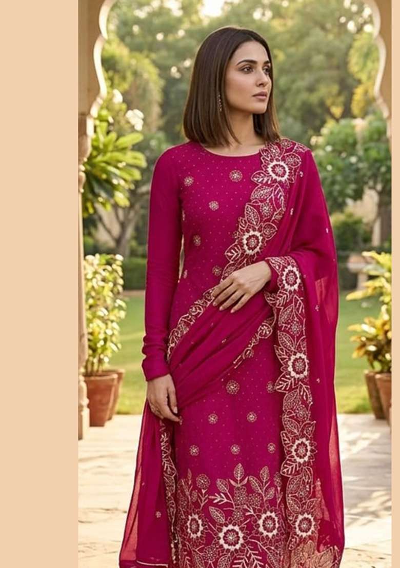 Magenta Embroidered Silk Kurta Set - Indya