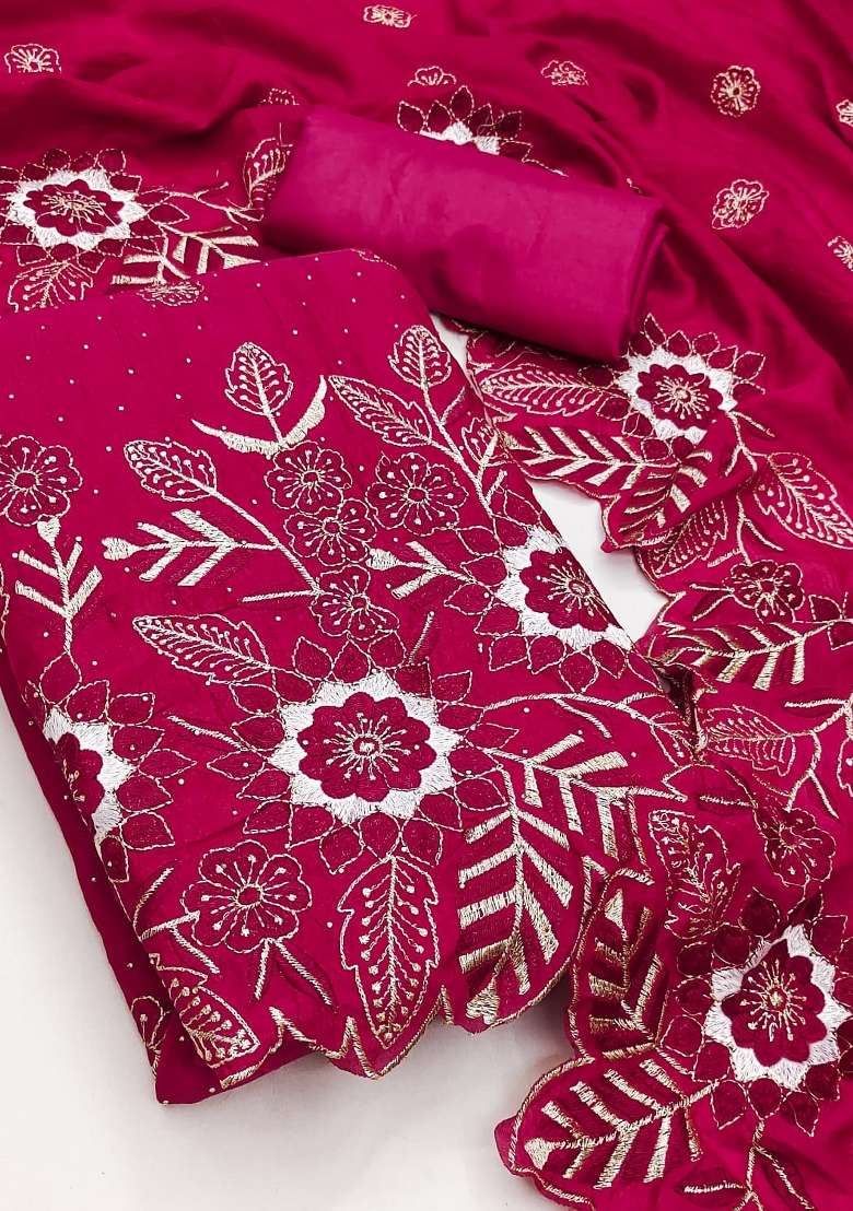 Magenta Embroidered Silk Kurta Set - Indya