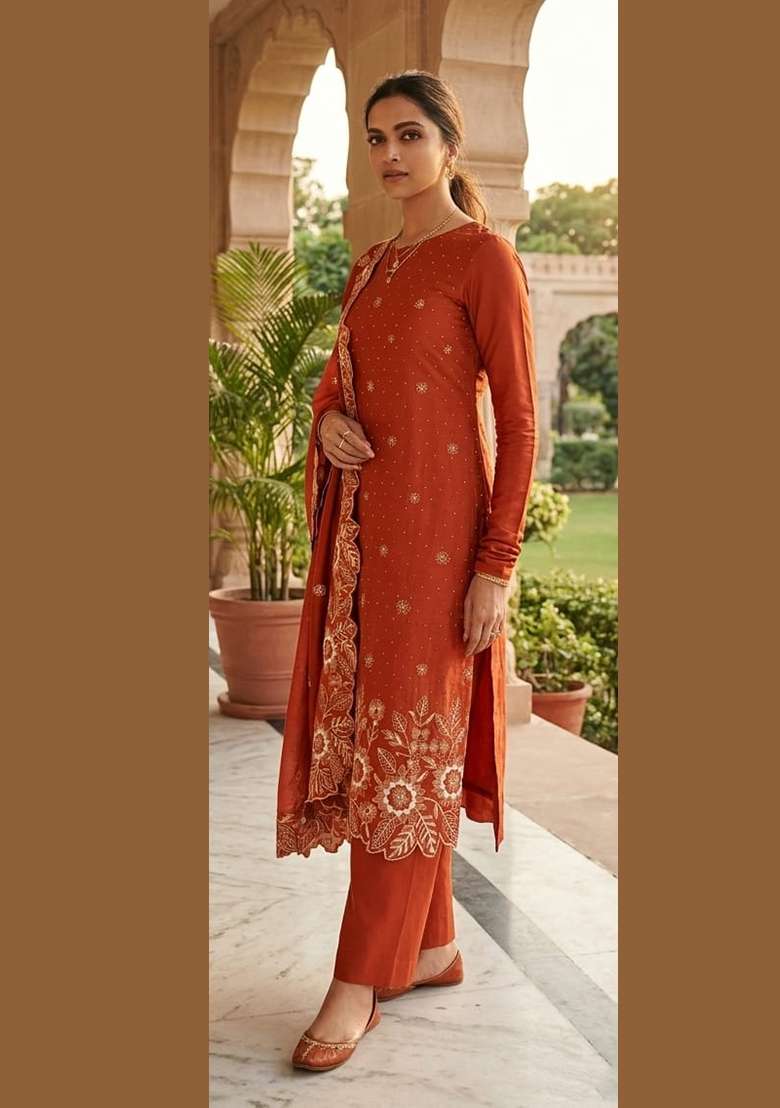 Rust Embroidered Silk Kurta Set - Indya