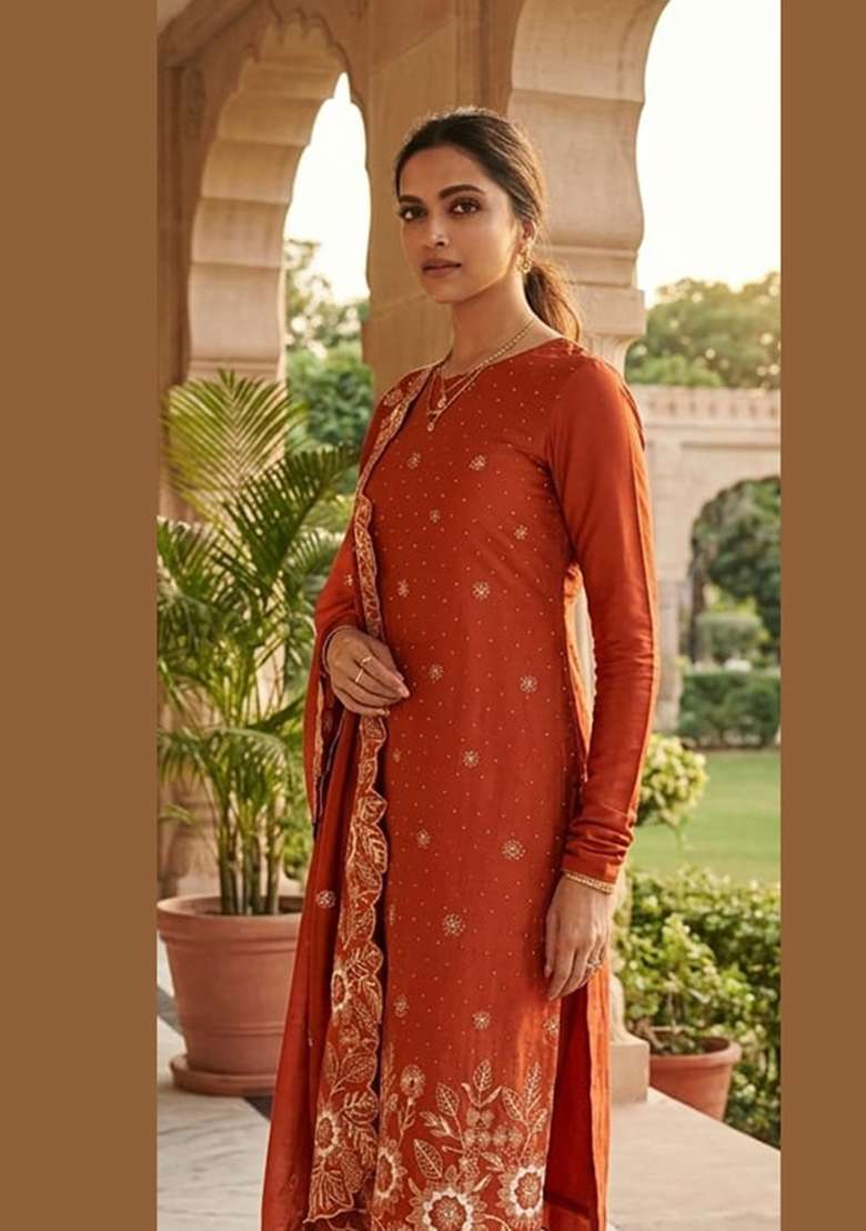 Rust Embroidered Silk Kurta Set - Indya