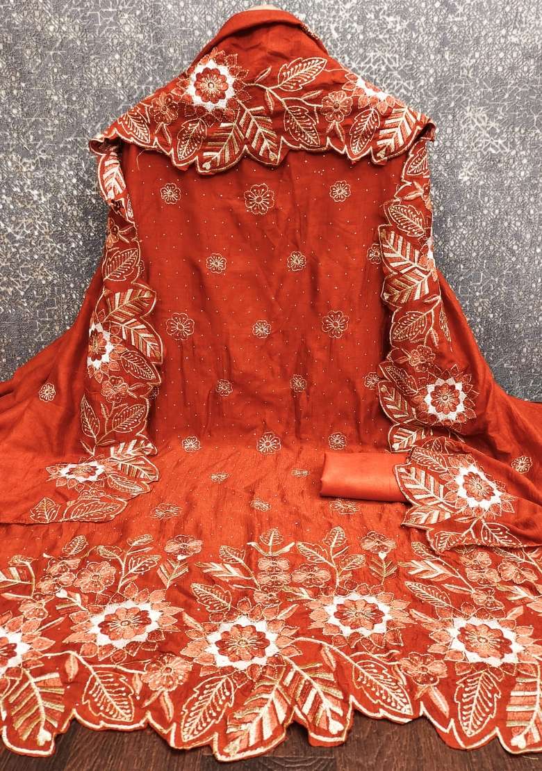Rust Embroidered Silk Kurta Set - Indya