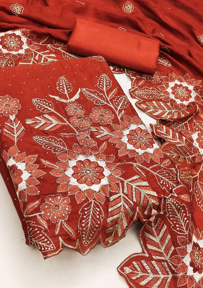 Rust Embroidered Silk Kurta Set - Indya