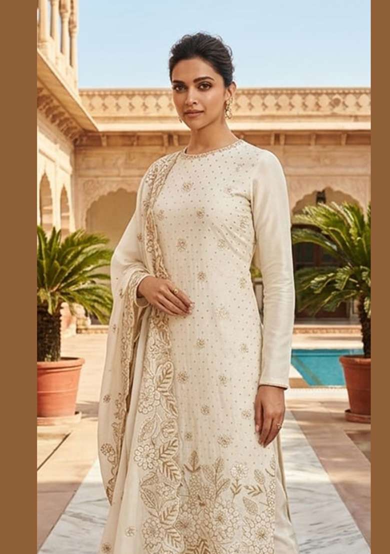 White Embroidered Silk Kurta Set - Indya