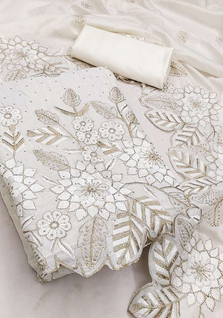 White Embroidered Silk Kurta Set - Indya