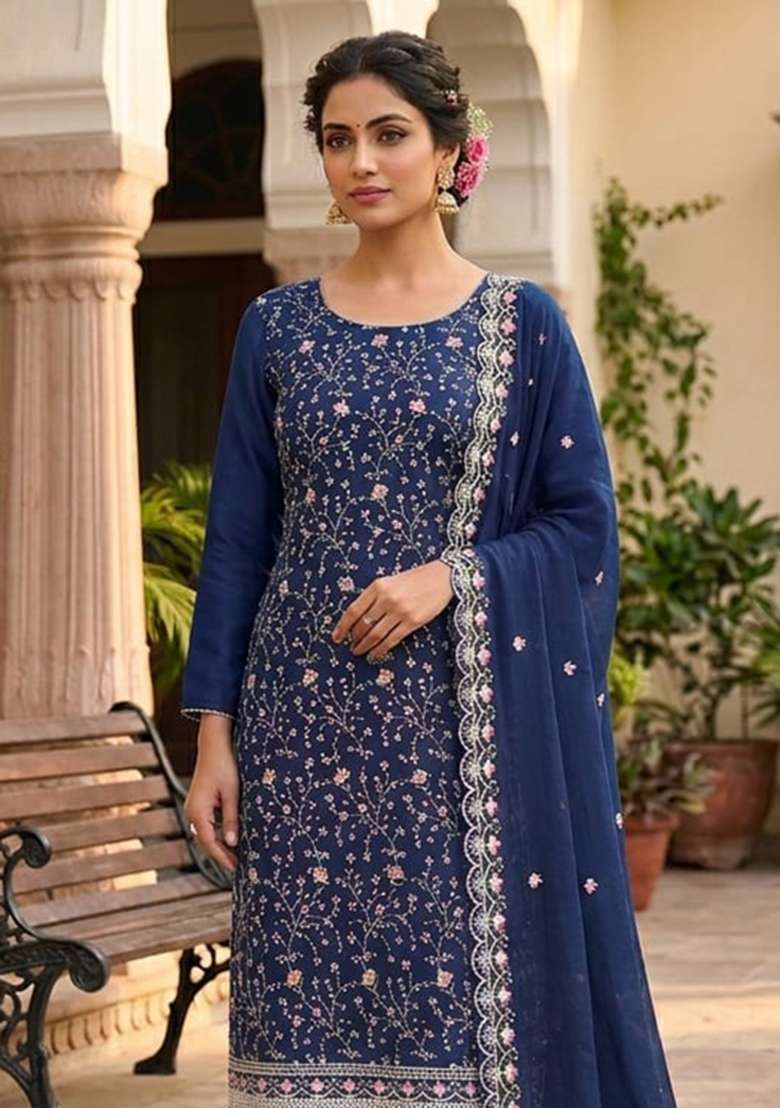 Blue Embroidered Silk Kurta Set - Indya