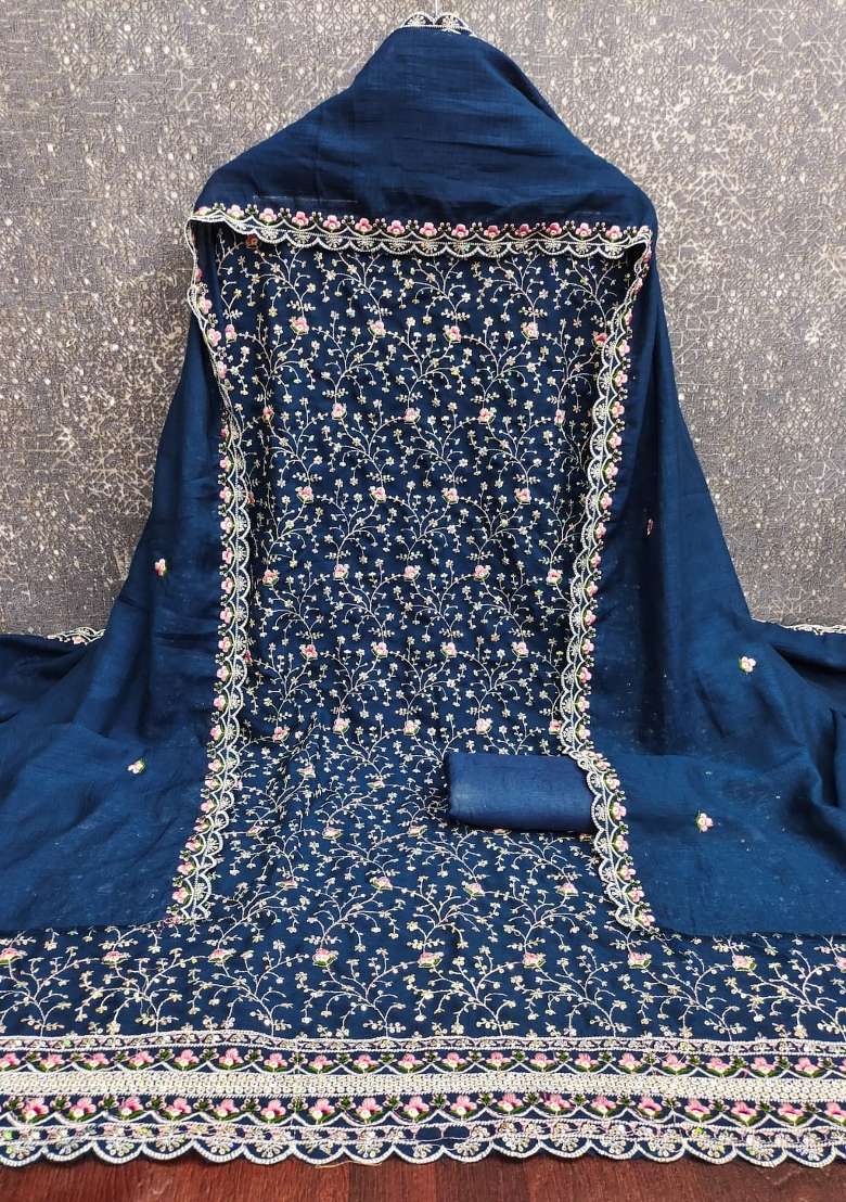Blue Embroidered Silk Kurta Set - Indya