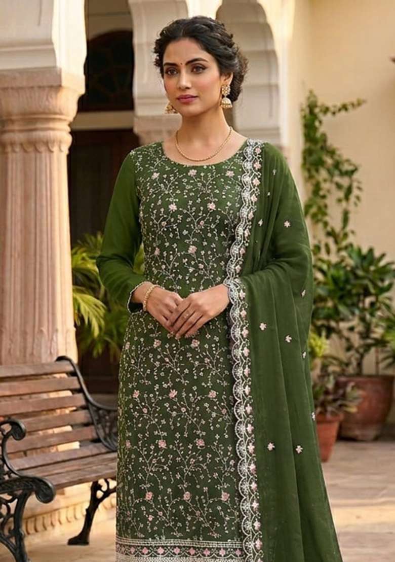 Green Embroidered Silk Kurta Set - Indya