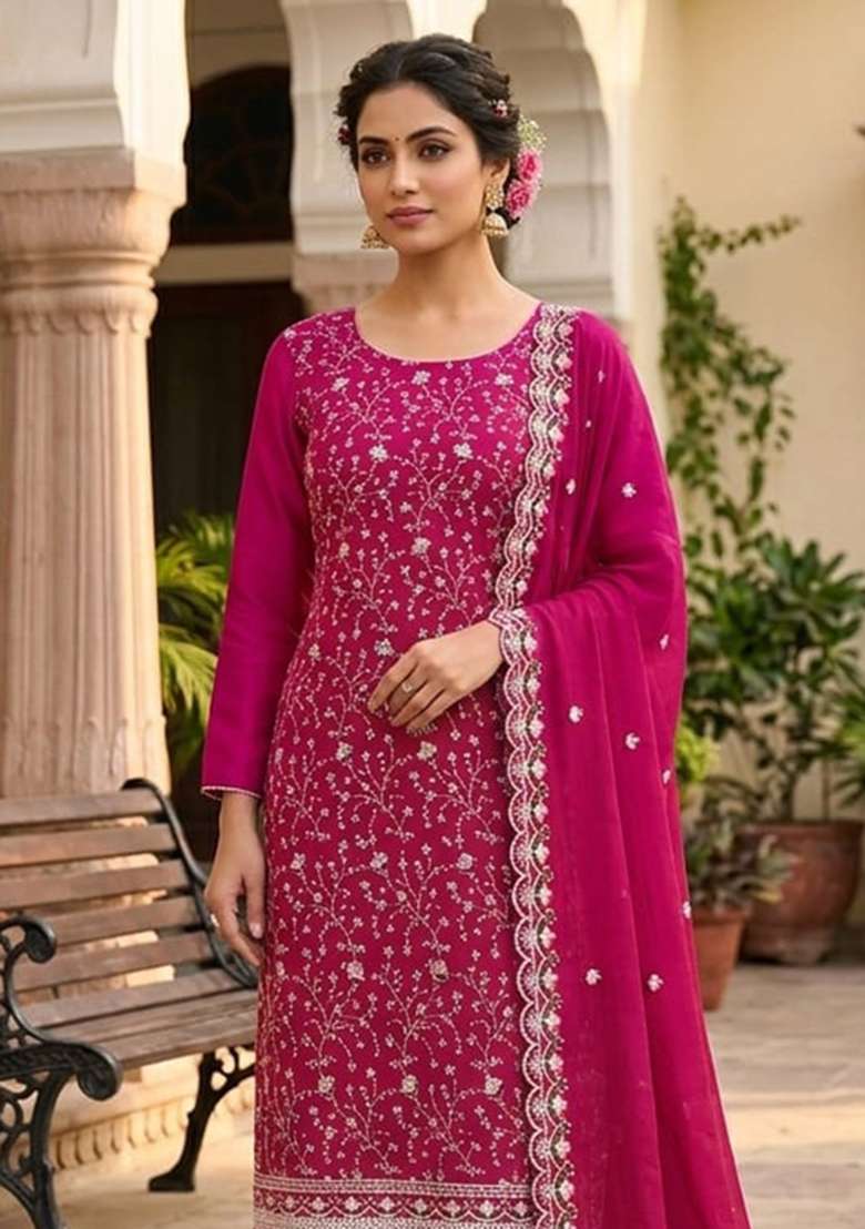 Magenta Embroidered Silk Kurta Set - Indya